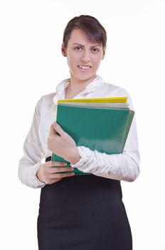 Portrait of a happy business woman holding a pile of  file folder 