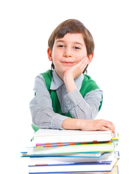 Education - funny boy with books. Isolated over white background.