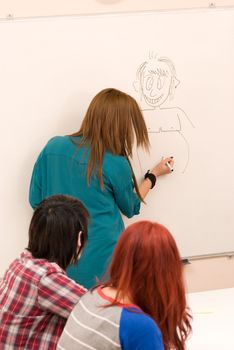 She is drawing a cartoon on the board