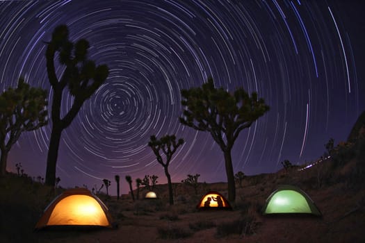 Illuminous Light Painted Landscape of Camping and Stars