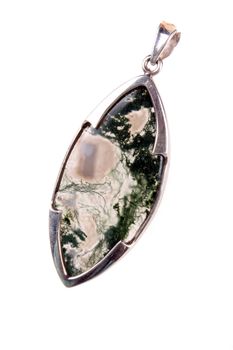 A Mosagate pendant made of silver used as jewelery or alternative therapies like crystal healing and astrology, isolated on white studio background.