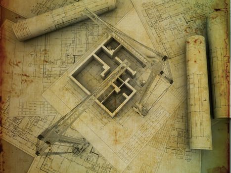 vintage architectural drawing, on grunge paper with some stains