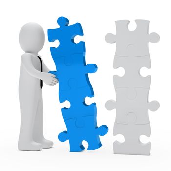 businessman construction a blue white puzzle wall