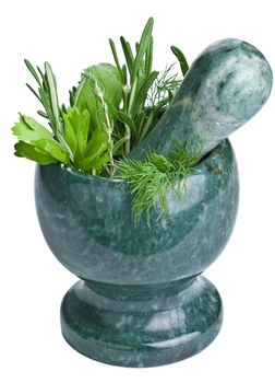 mortar with fresh herbs isolated