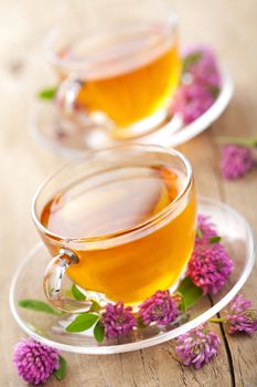 herbal tea and clover flowers 