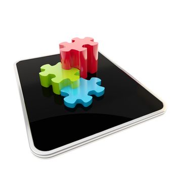 Three puzzle pieces on mobile pad computer screen isolated on white