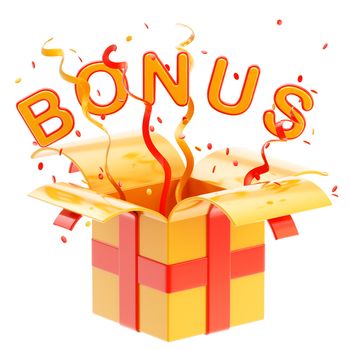 Word "bonus" inside a gift box with colorful ribbon, serpentine and confetti isolated on white