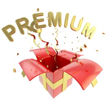 Word "premium" inside a gift box with colorful ribbon, serpentine and confetti isolated on white