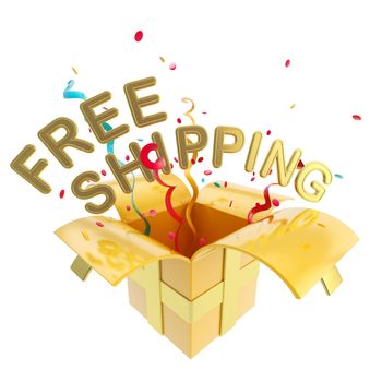 Words "free shipping" inside a gift box with colorful ribbon, serpentine and confetti isolated on white