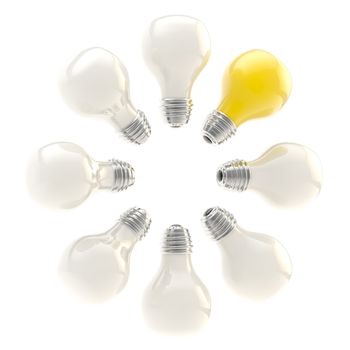 Idea conception: electric bulbs arranged in a circle isolated on white