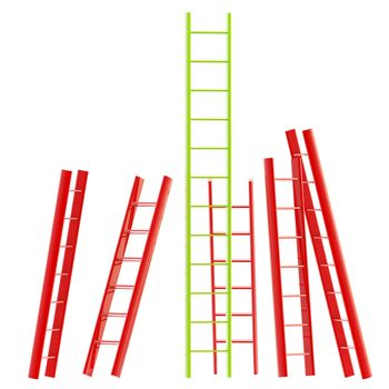 Growth and leader conception as a red and green glossy ladders isolated on white