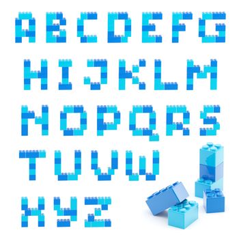 Alphabet set made of toy construction brick blocks isolated isolated on white