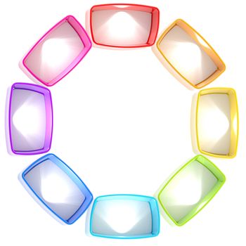 Colorful shelf light rainbow colored boxes arranged in a circle isolated on white