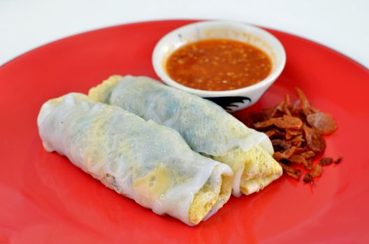 Vietnamese rice noodle rolls with a filling of pork sliced and egg ,  fried onion