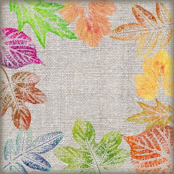 Abstract artistic background, hand draw, various painted colored leaves on a linen canvas