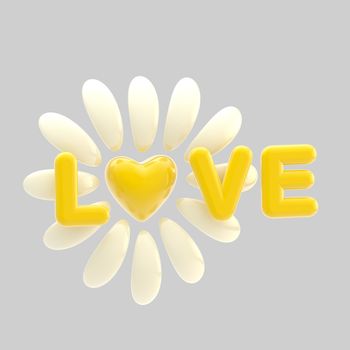 Love and flower made of glossy yellow heart and petals isolated on grey