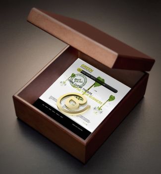 Wooden box with a website and an email symbol