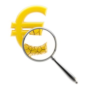 Crashing euro sign under the magnifier isolated on white