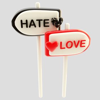 Love and hate glossy signpost signs isolated on grey