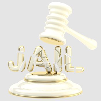 Word "Jail" under glossy white and golden judge's gavel