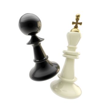 Contest and competition: glossy pawn and king figures isolated on white as a duel