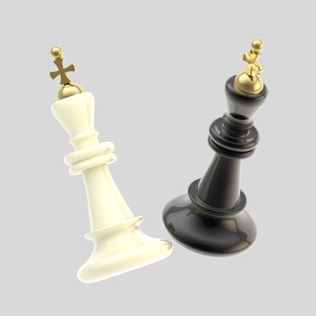 Contest and competition: two glossy black and white king figures isolated on white as a duel