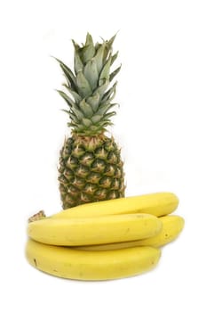 pineapple and banana branch on a white background