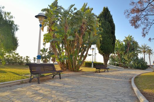 benches in the park, Velez-Malaga located on the beach