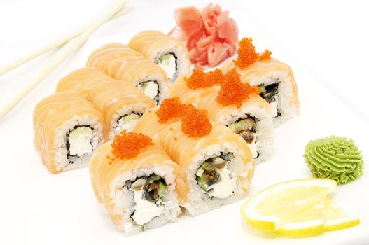 sushi with fish and caviar on a plate at a Japanese restaurant