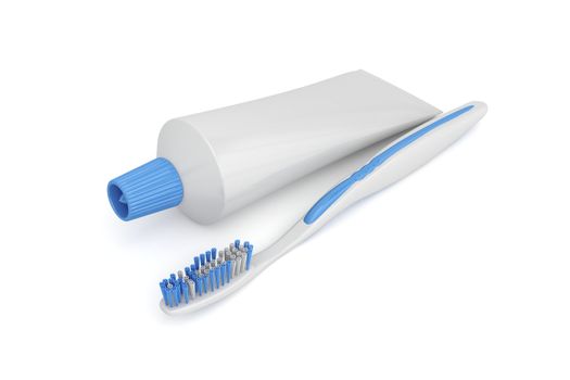 Toothbrush and toothpaste on a white background