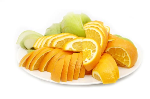 plate with a slice of oranges on a white background