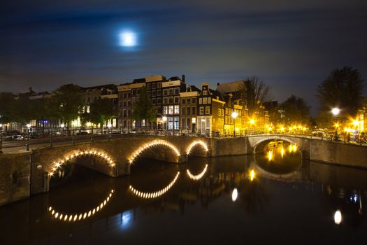 Amsterdam canal on night panorama - long time exposure