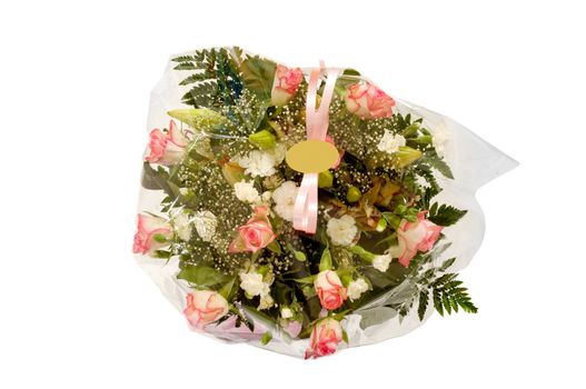 Bouquet of flowers with a blank lable, isolated on white background.