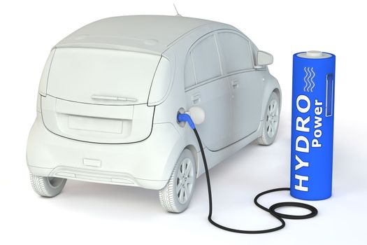 alternative energy hydro power - a dark blue battery as a fuel pump fuels an E-Car