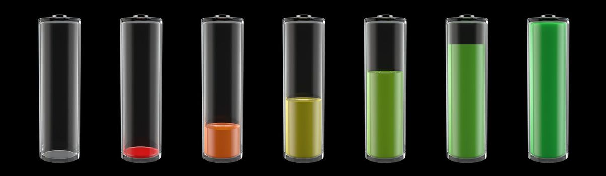 transparent batteries with seven different charge levels from 0% to 100%, red, orange, yellow, green - black background