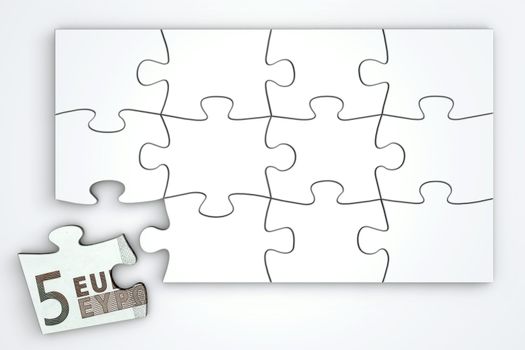 white puzzle template - one piece with 5 Euro note separately - top view