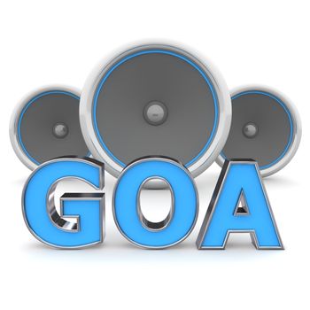 blue word GOA with metallic outline and three speakers in background