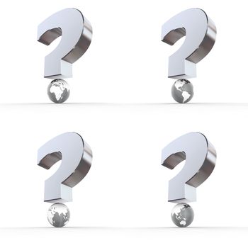 metallic question mark - dot is replaced by a globe - four different views on the planet