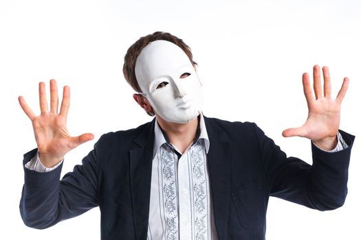 portrait of emotional actor in a mask. isolated on white background