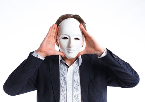 portrait of emotional actor in a mask. isolated on white background