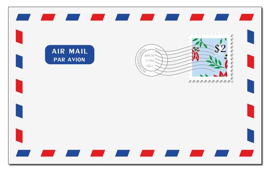 A shady air mail envelope on a white background