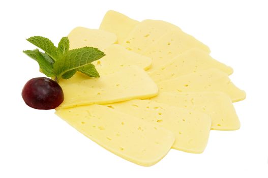 cheese on a white background decorated with radish and mint