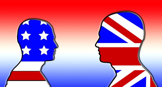 Concept image showing heads made out of the American and British flags.