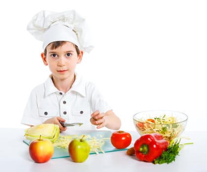 Little cook tasty salad, isolated on white