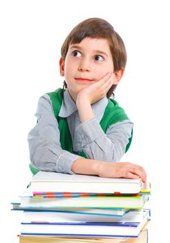Education - funny boy with books. Isolated over white background.