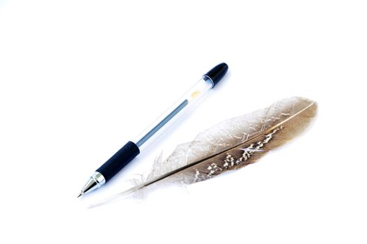 Pen and feather on a white background