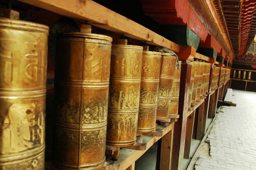 Tibetan prayer wheels in an ancient lamasery