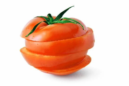 sliced ripe tomato slices on a white background.