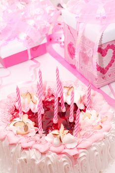 cake with candles, pink, gifts, roses