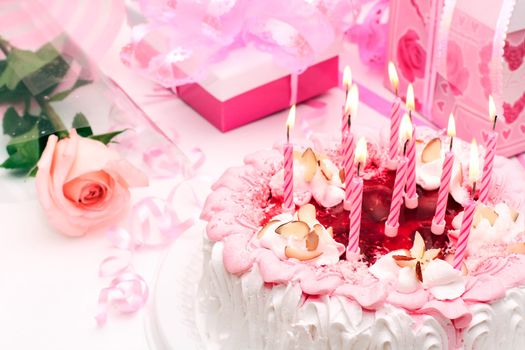 cake with candles, pink, gifts, roses